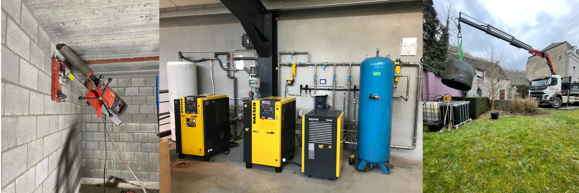 Gauche - Carottage à 45 degrés - Milieu - conduite d'air pour compresseurs - Droite - Manutention de remplacement d'une citerne mazout